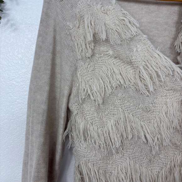 Chicos Linen Blend Cardigan Tan Fringe Boho Open Front - Picture 2 of 5